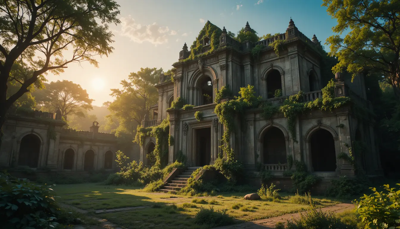 Abandoned monastery ruins glowing in warm evening sunlight