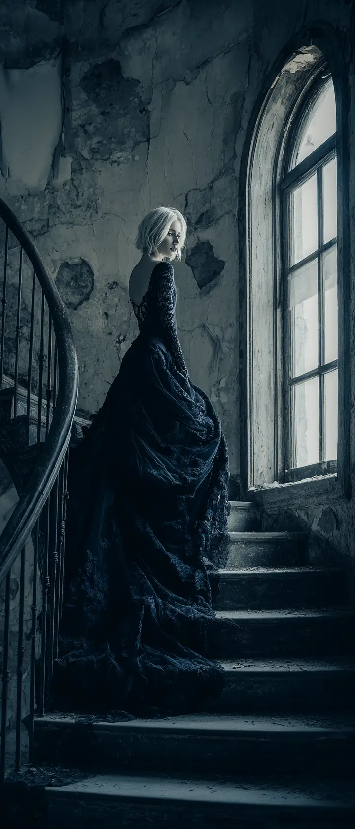 Young woman on a moonlit staircase in a ruined mansion