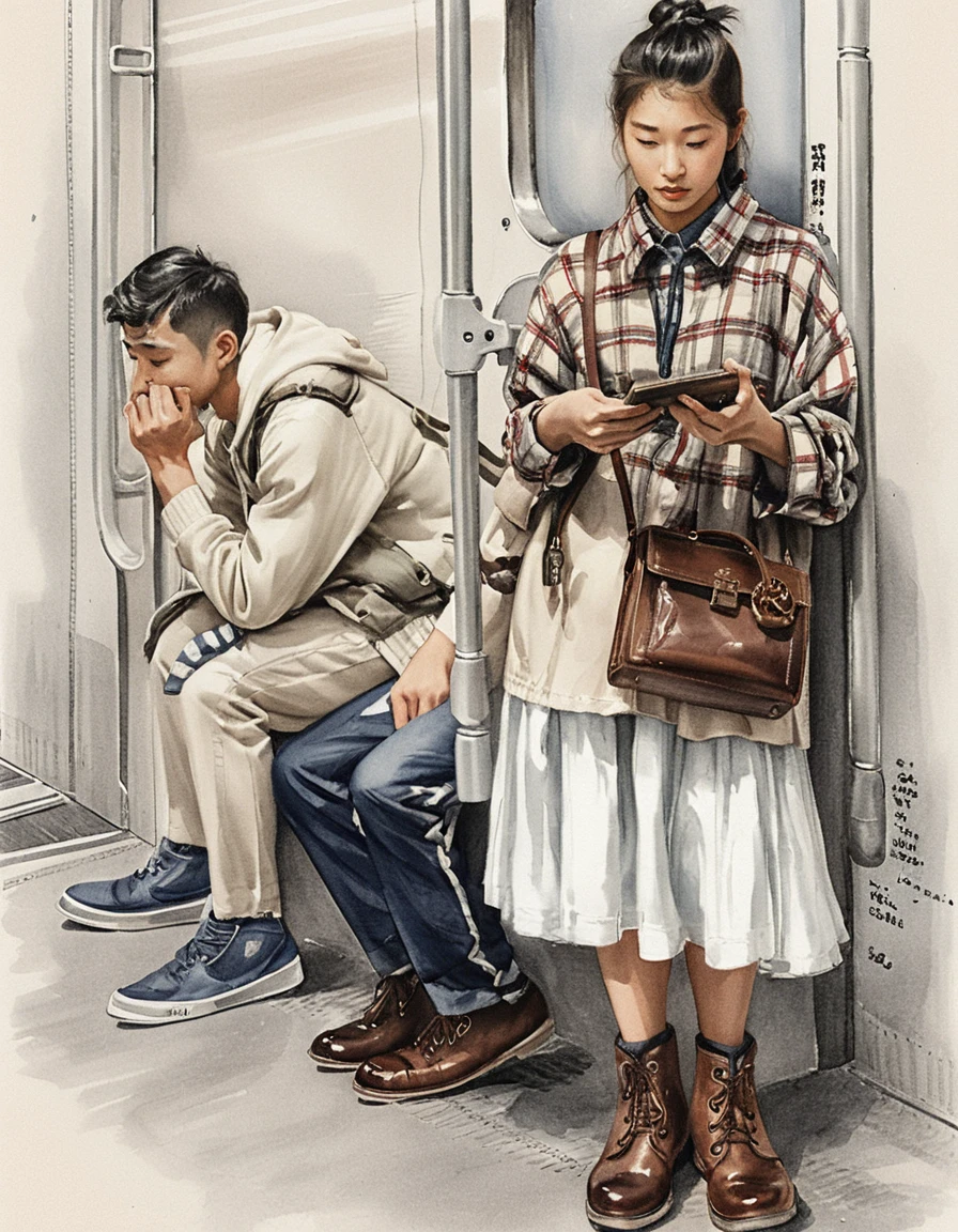 Young asian friends in a quiet subway carriage