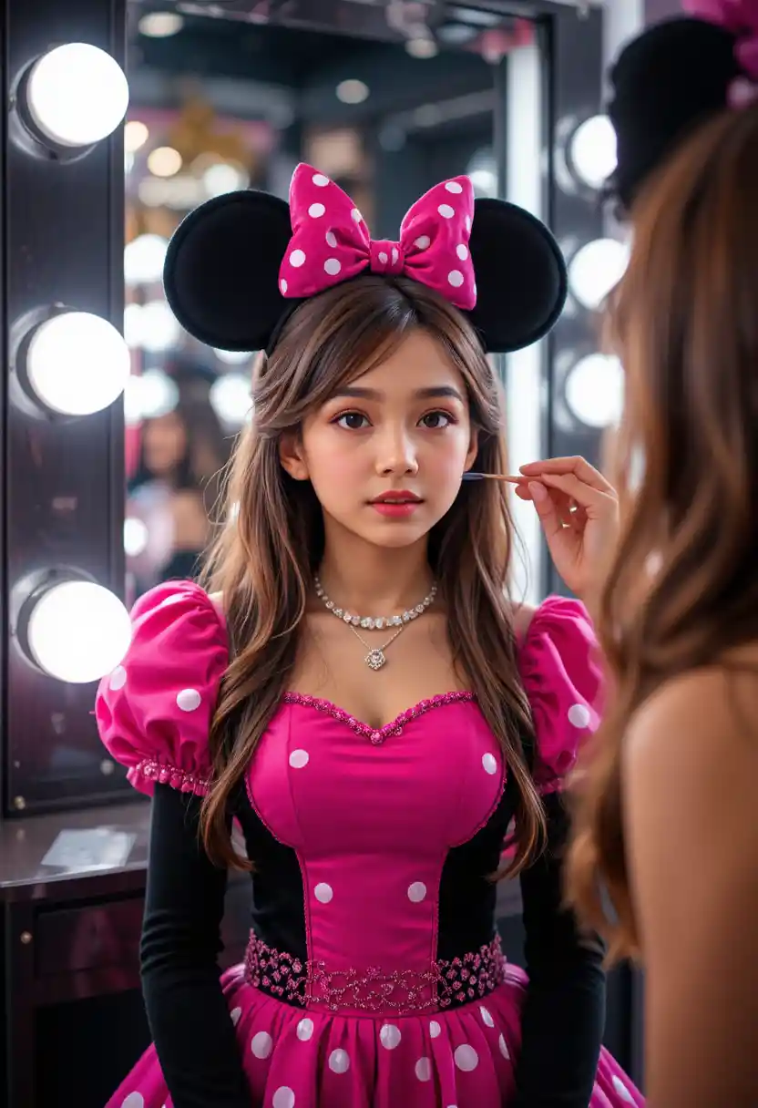 Niño con vestido rosa de Minnie frente a un espejo de maquillaje de boutique