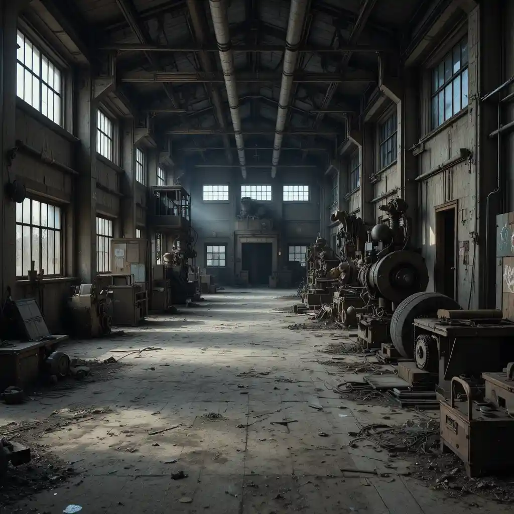 Nave industrial abandonada con maquinaria rota en una luz sombría