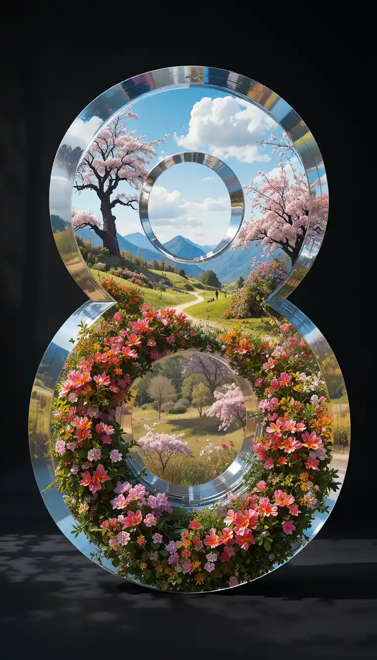 Spring landscape within a transparent number eight and flowers
