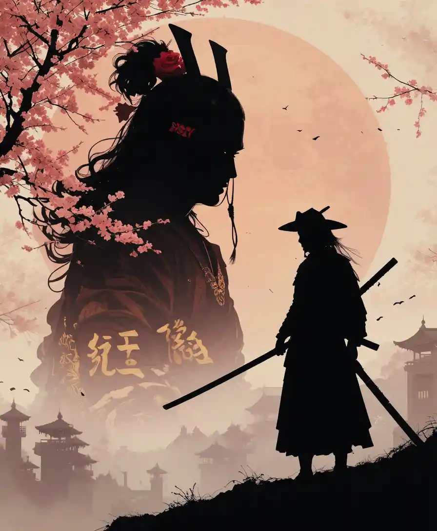 Silhouette di samurai e geisha con fiori di ciliegio e templi