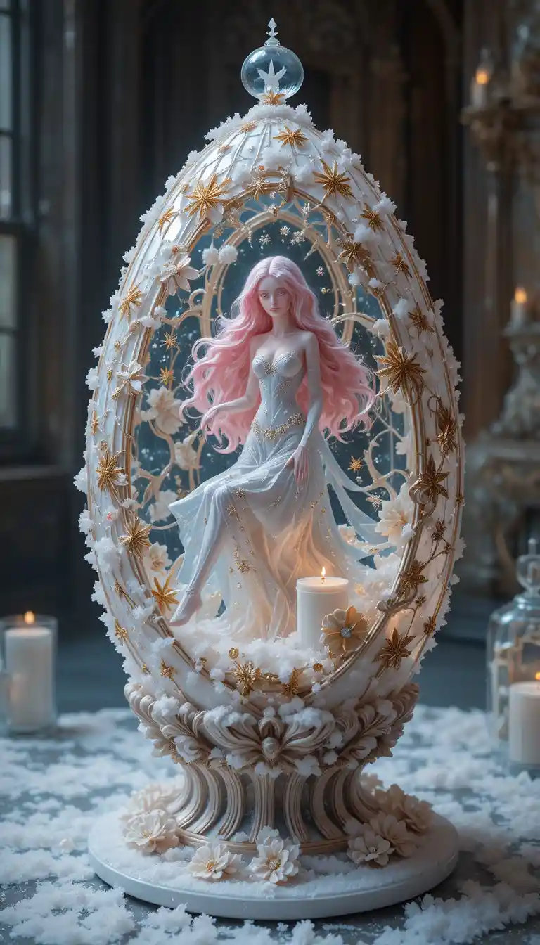 Iridescent egg sculpture with arctic dreamscape details