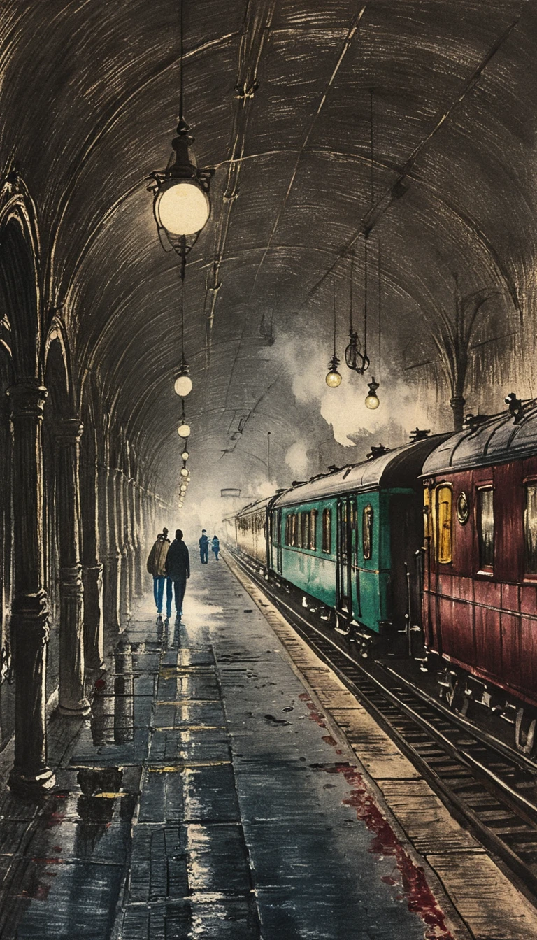 Victorian steam train in a vaulted gothic station at night
