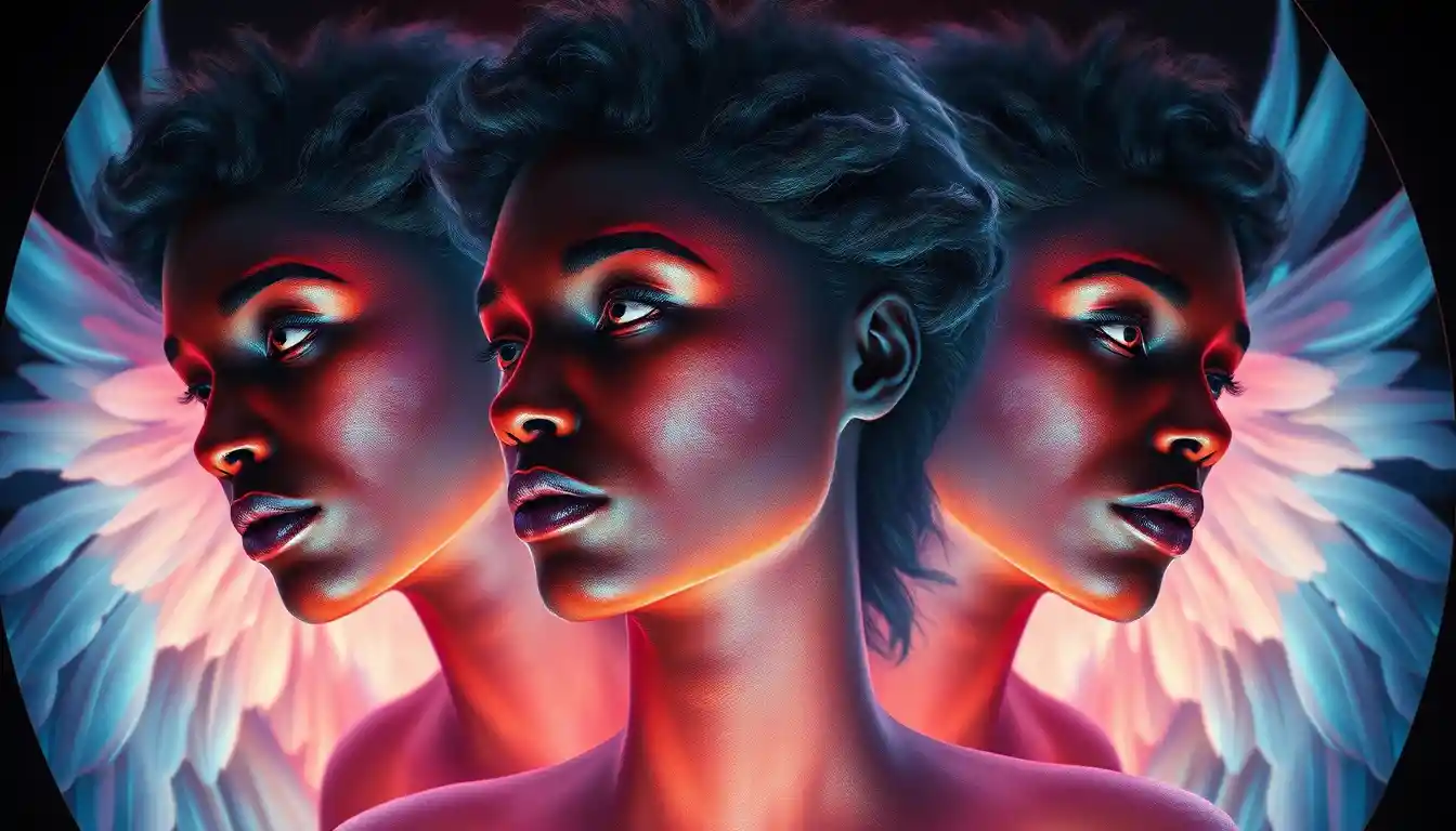 Close up of three guardian angels with glowing wings