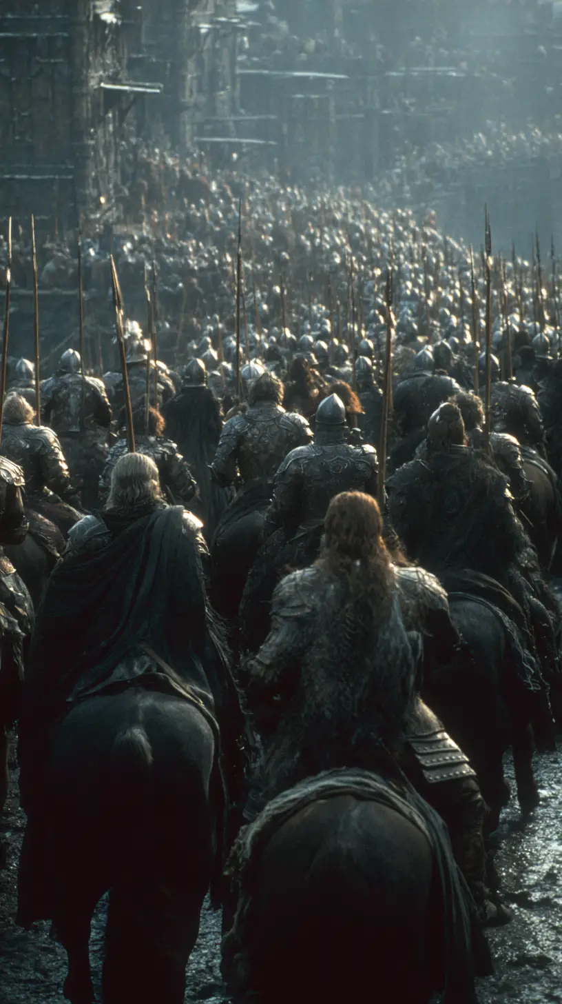 Orc horde advances on distant medieval stone fortress