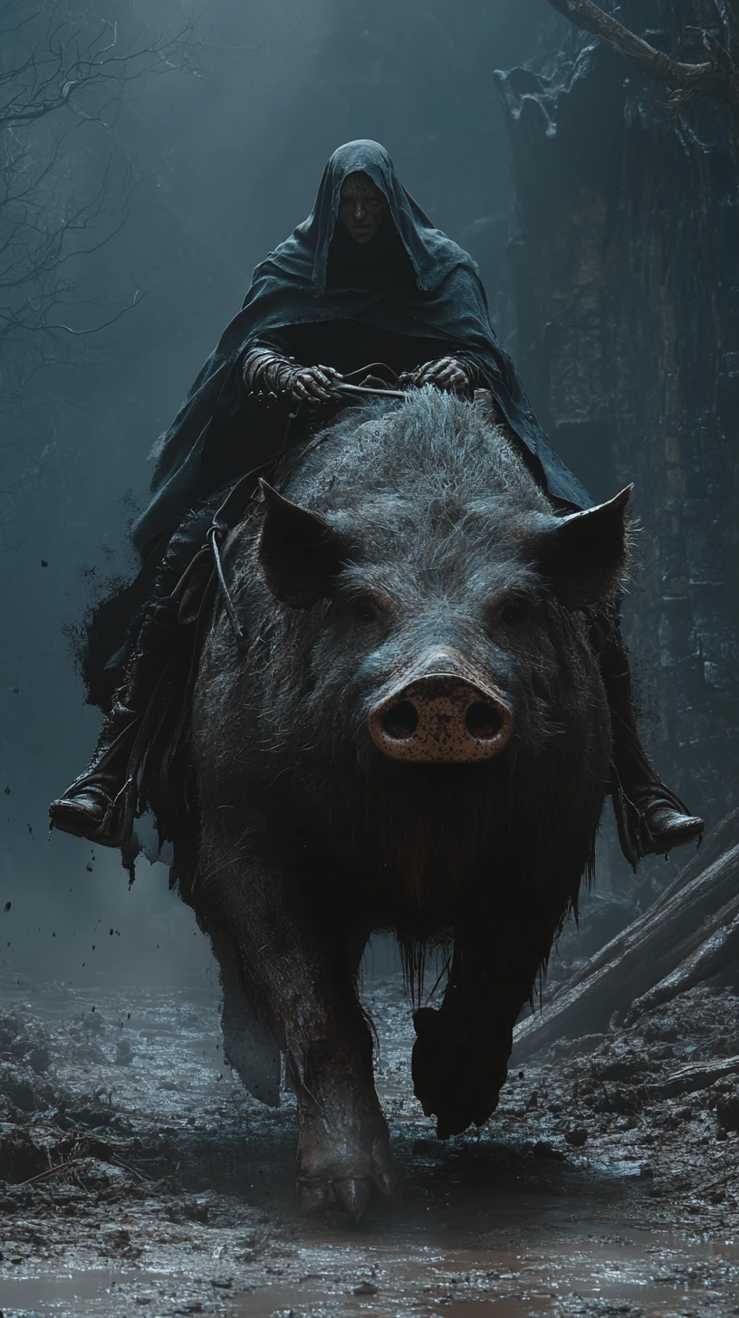 Gothic nun riding a giant boar through muddy fog