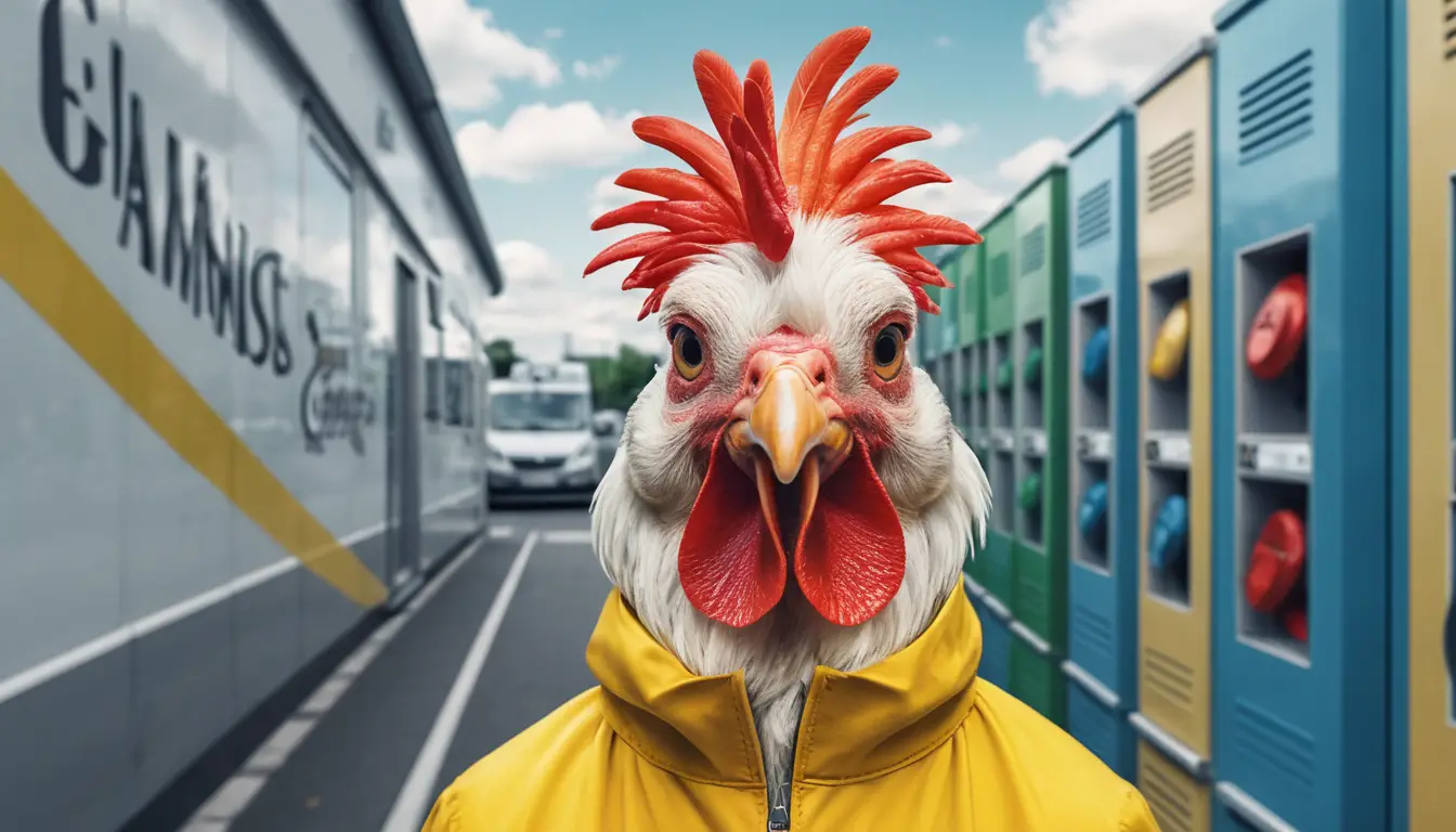 Old man riding a giant rooster along a rural road
