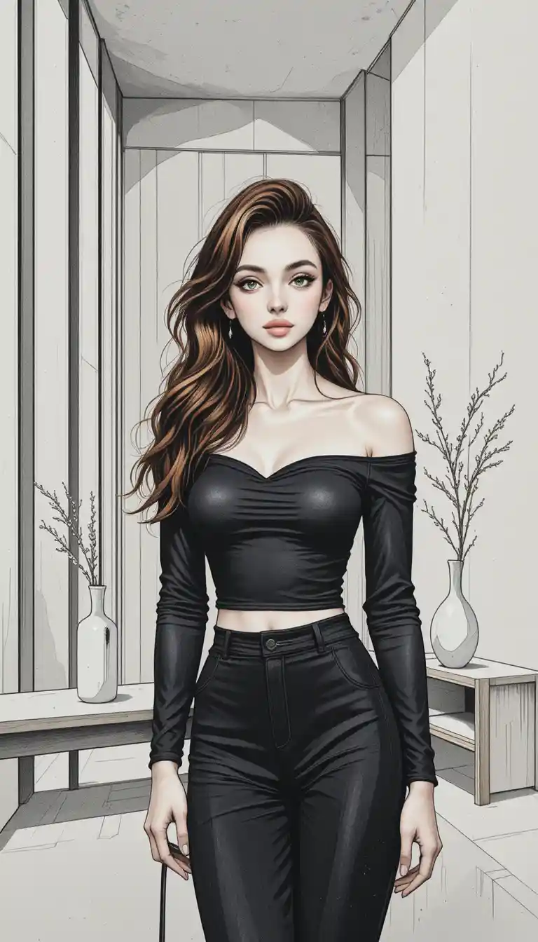 현대 미니멀 거실에 서 있는 여성 전신 드로잉