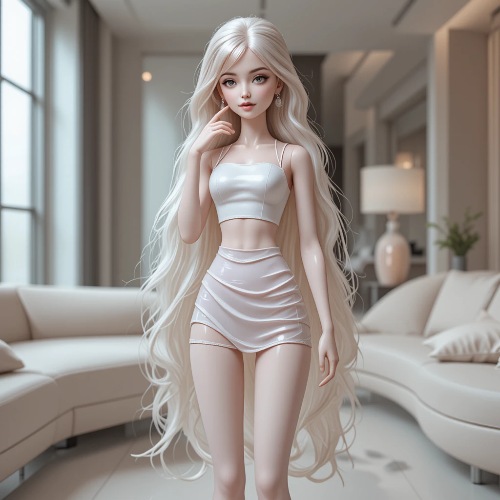 Futuristic fashion doll in pink and white interior setting