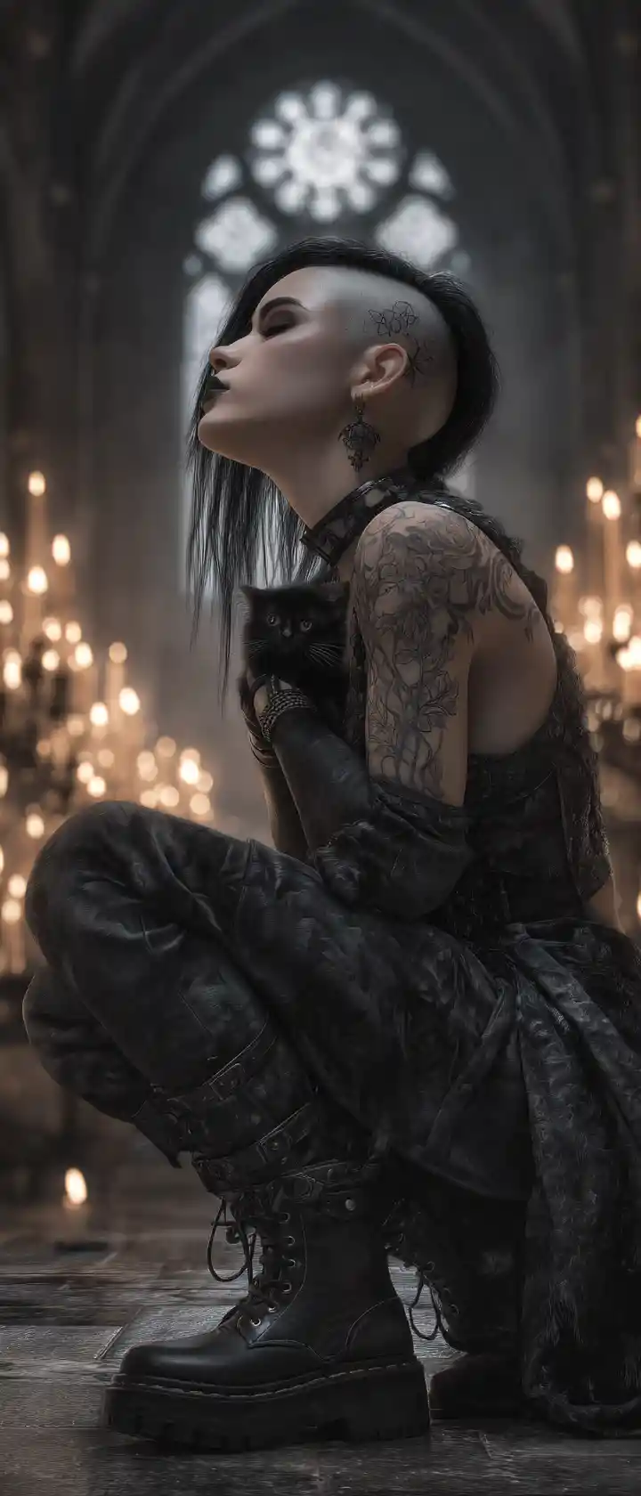 Gothic woman with black kitten in candlelit church