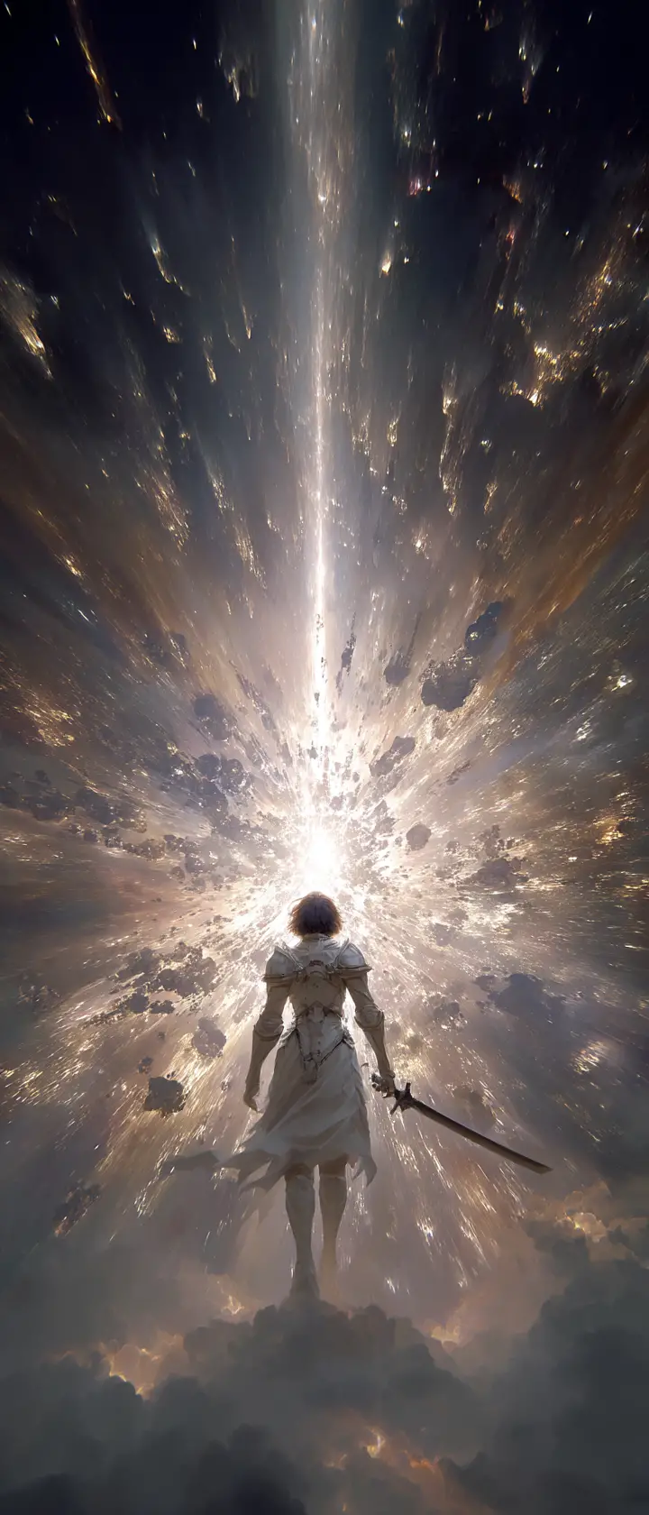 Female warrior unleashing a supernova blade in space