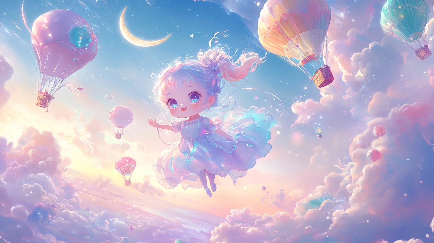 Ragazza chibi che fluttua felice in un cielo da sogno pastello