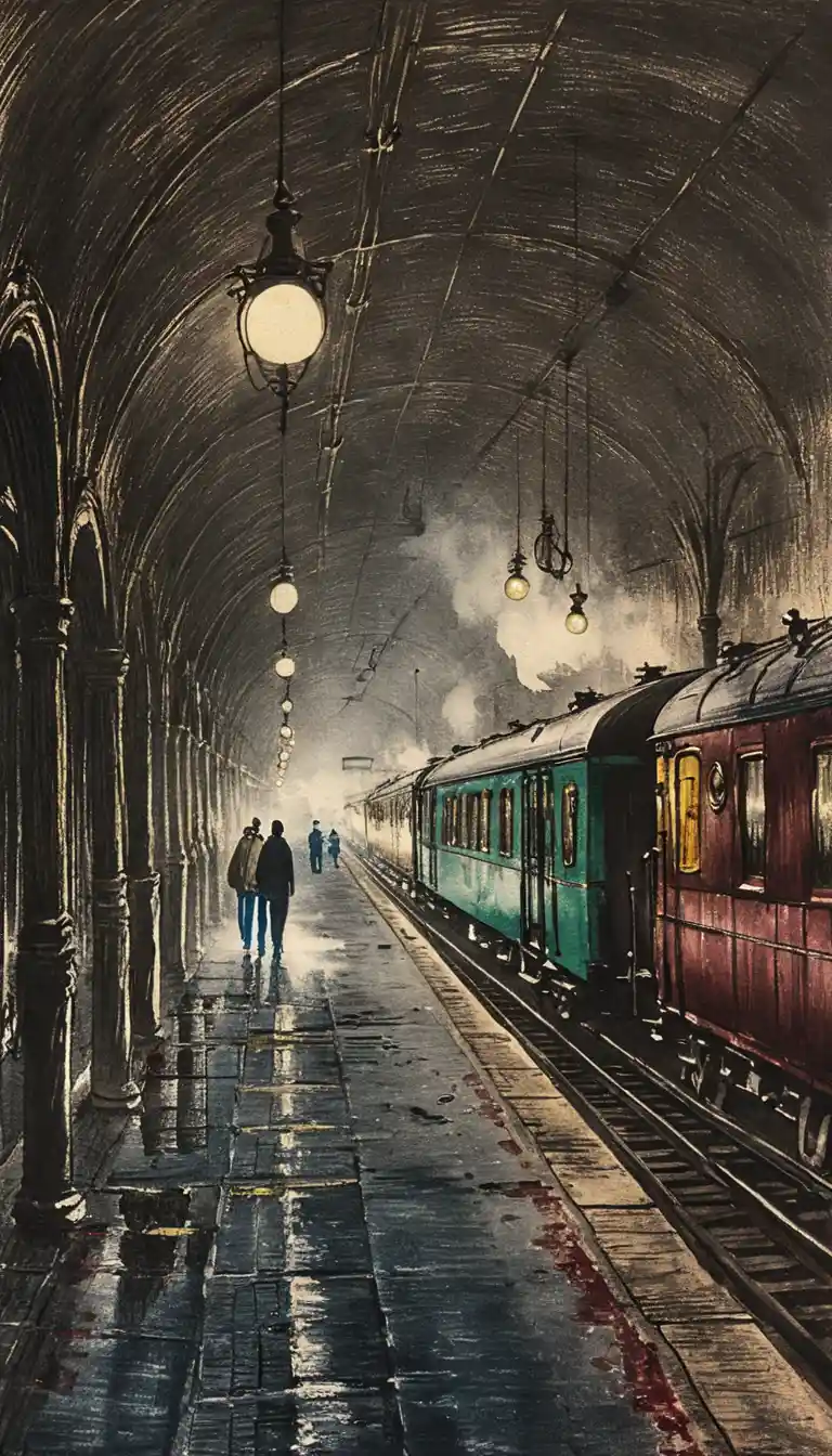Victorian steam train in a vaulted gothic station at night