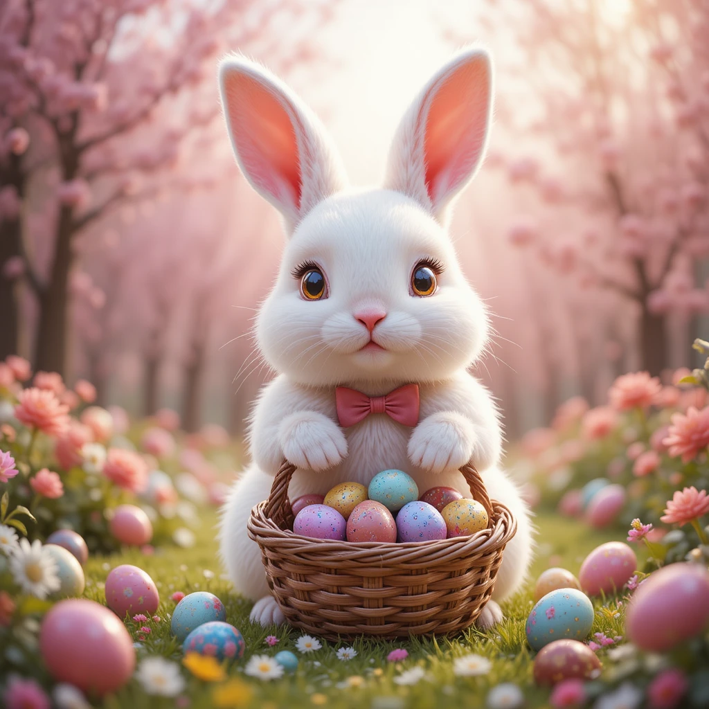 Dolce coniglio di Pasqua con un cestino di uova di cioccolato