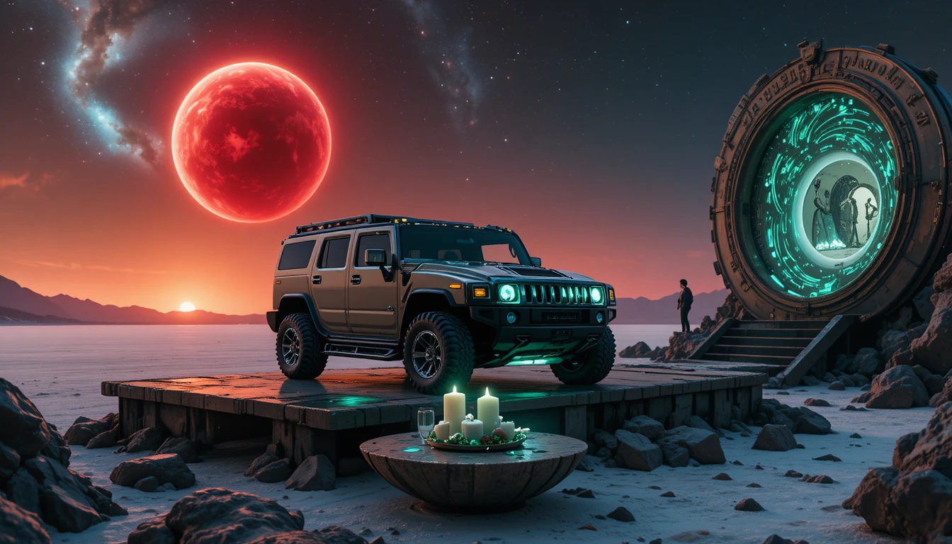 Hummer SUV futurista junto a un portal en una playa de arena negra