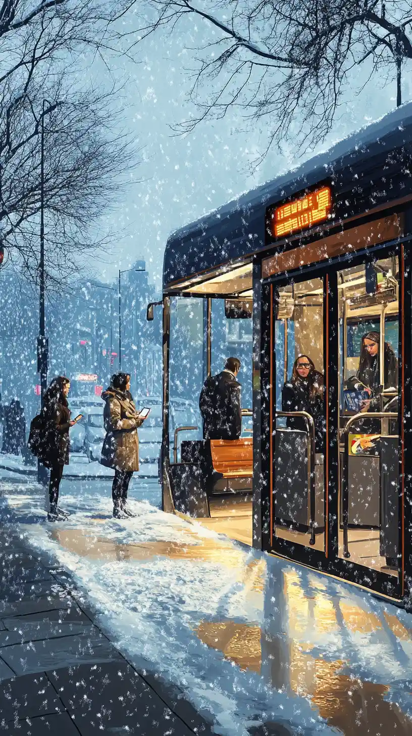 People waiting at a snowy city bus stop in winter