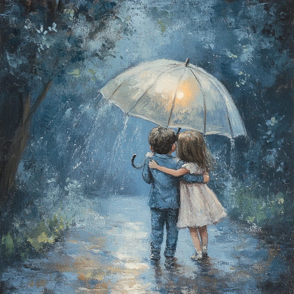 Two children hugging under an umbrella in gentle rain