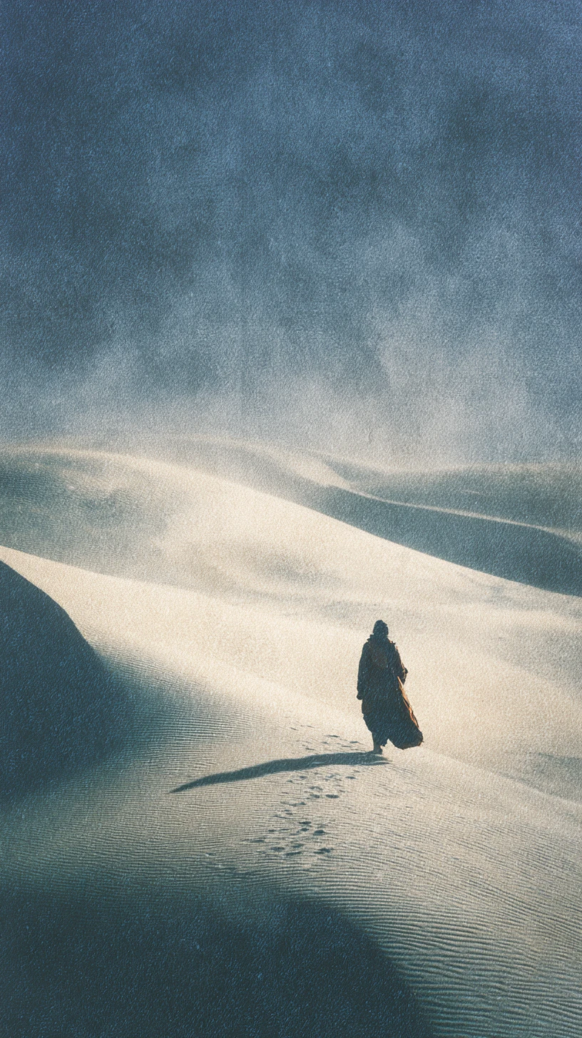 Lonely wandering figure in a vast surreal desert