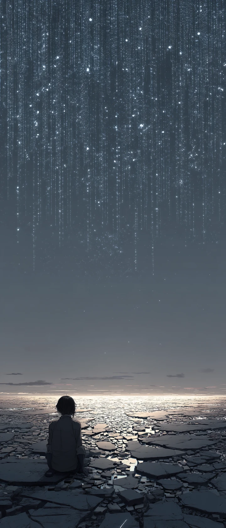 Lonely figure under falling stars on endless concrete plain