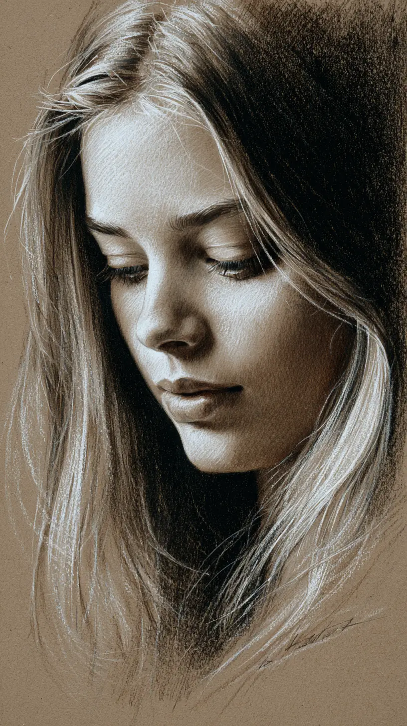 Serene three quarter portrait drawing of a young woman