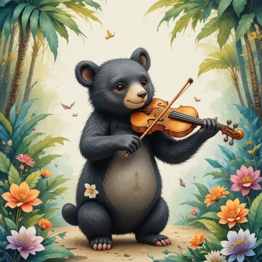 Adorable oso negro tocando el violín en una brillante escena tropical