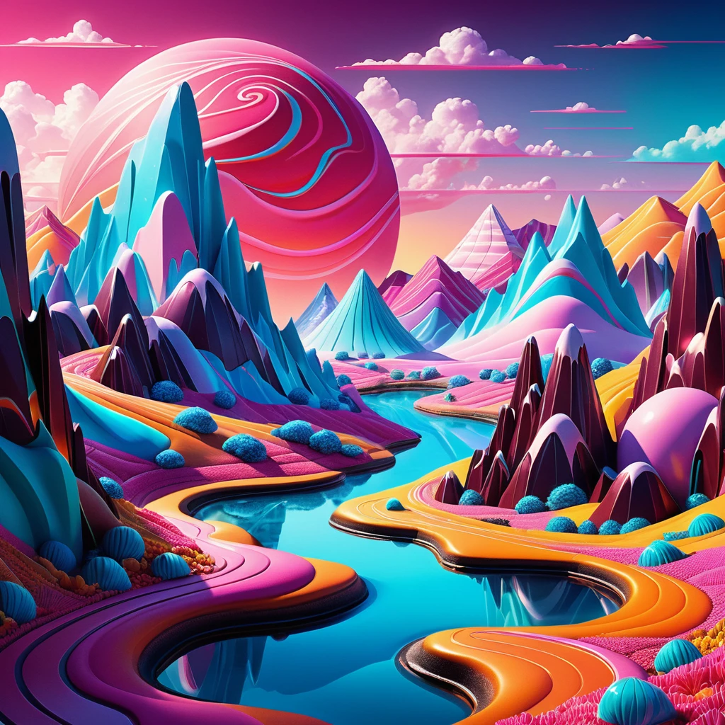 Surreal neon candy landscape with rivers and crystal mountains