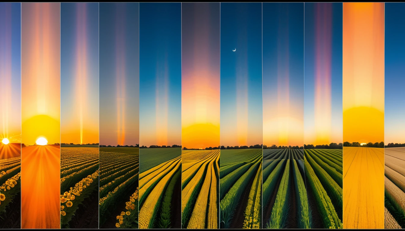 Paneles en time-lapse de un campo de flores siguiendo al sol