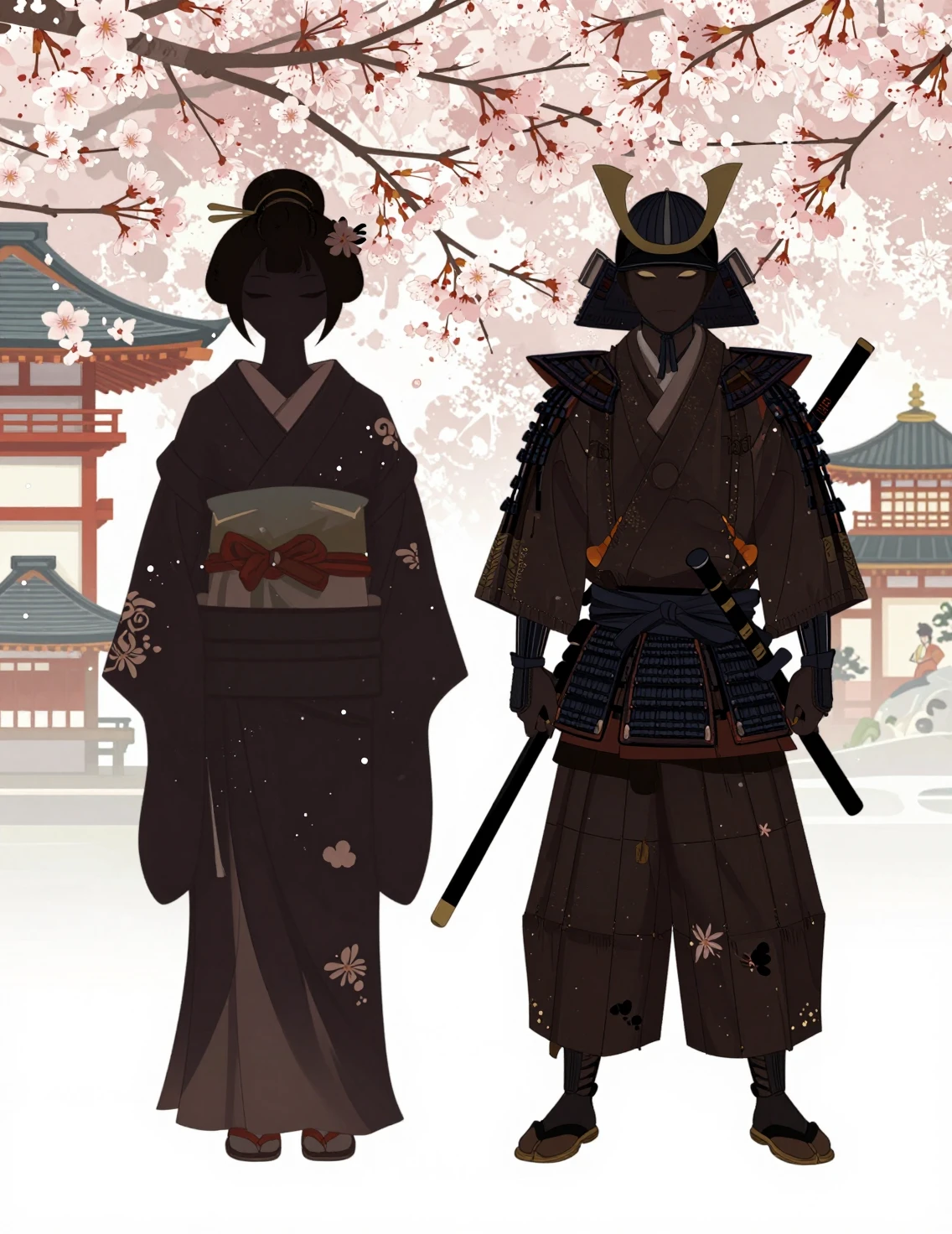 Silhouette di geisha e samurai con fiori di ciliegio