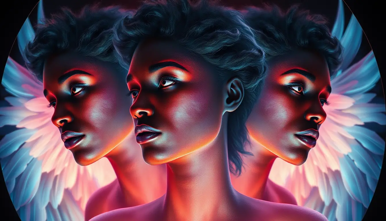 Close up of three guardian angels with glowing wings