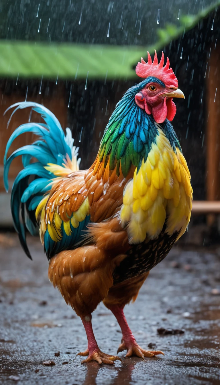 Galinha colorida sob chuva brilhante em um galinheiro rústico