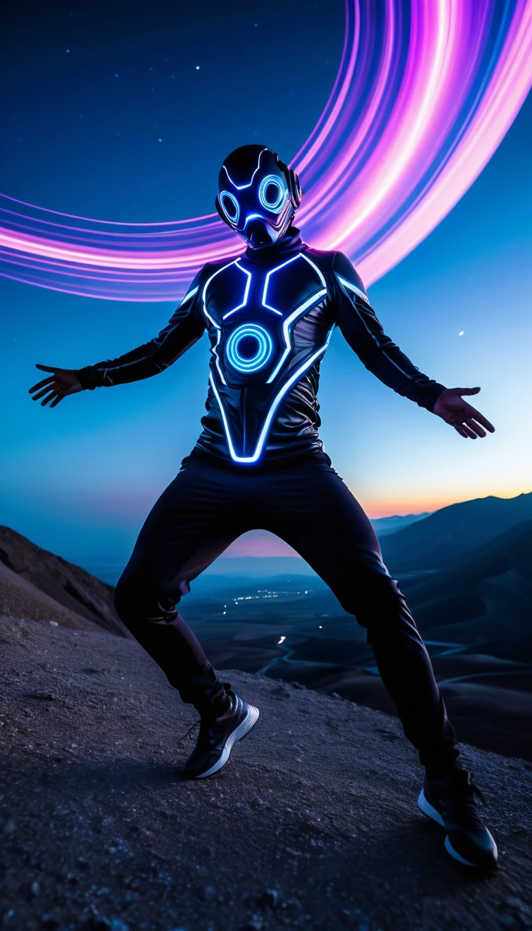 Anthropomorphic algorithmic beings dancing in a surreal landscape