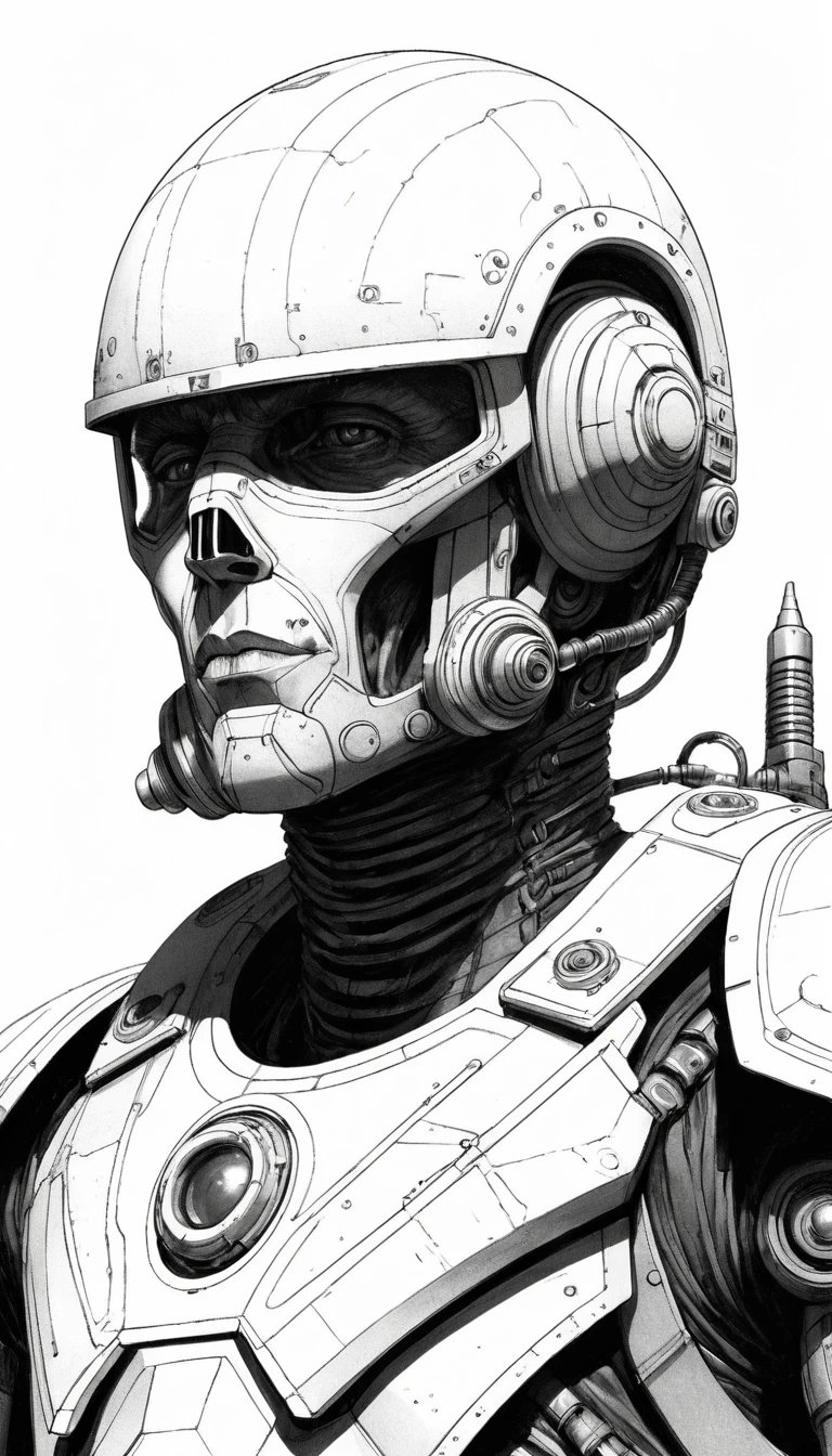 Sorrowful exoskeleton warrior close up in sci fi illustration