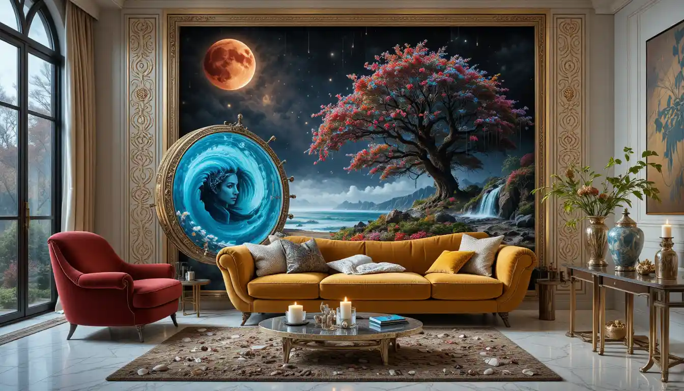 Futuristic living room with baroque sofa and marble floor
