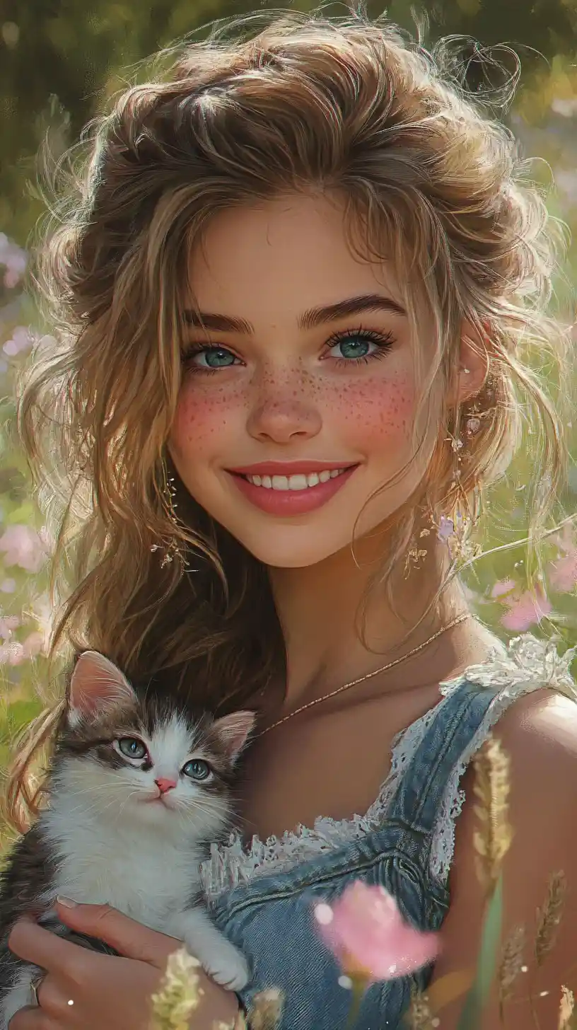 Smiling girl with kitten in a spring meadow
