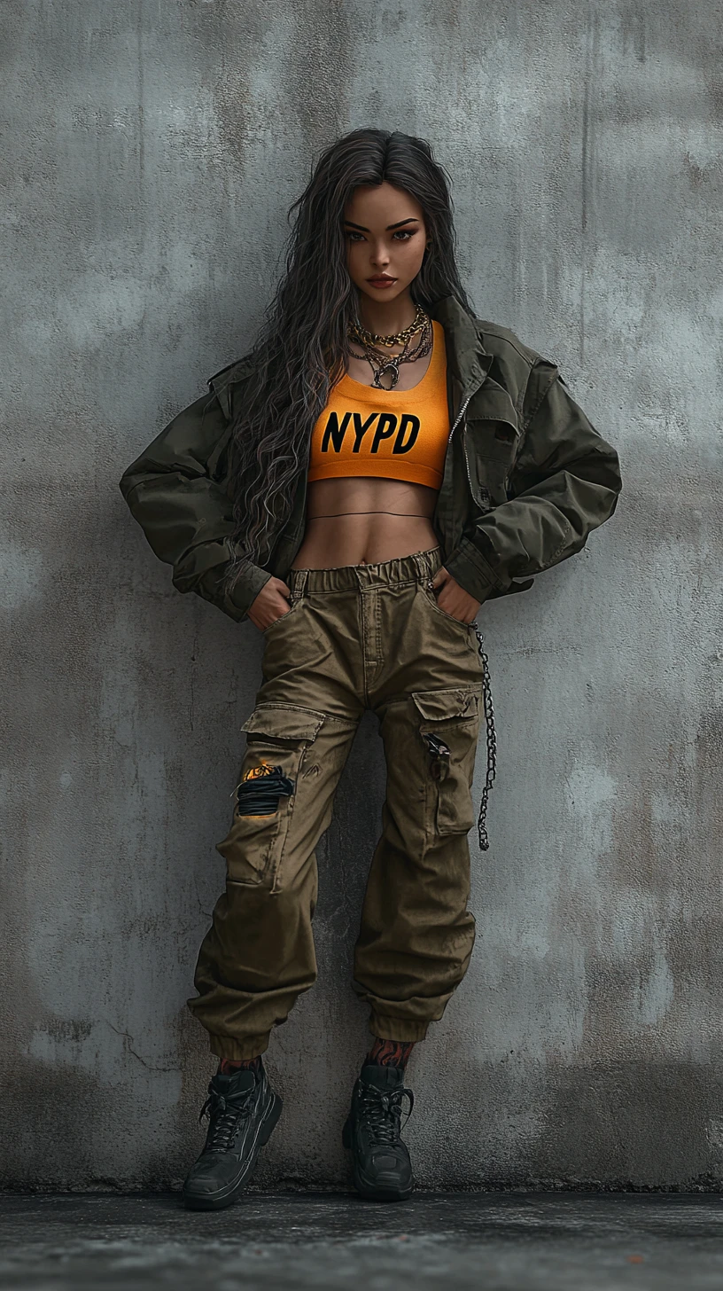Confident young woman in khaki streetwear against concrete wall