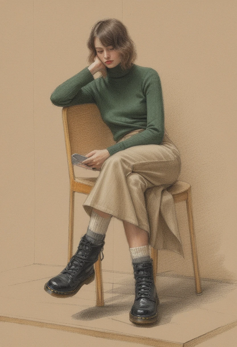 Seated woman with smartphone in minimalist pencil drawing