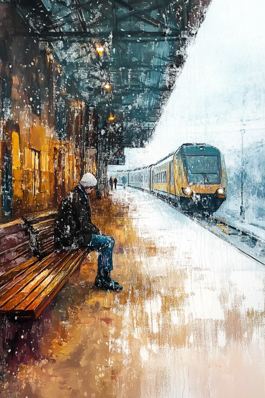 Elderly man waiting on a rainy winter urban train platform