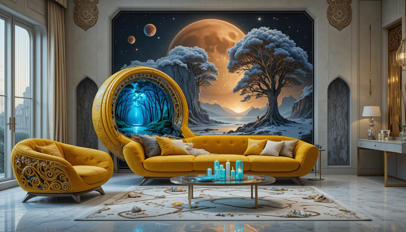 Futuristic living room with baroque sofa and cosmic artwork