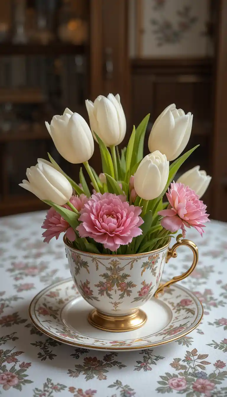 Postre de latte con tulipanes blancos y claveles rosas