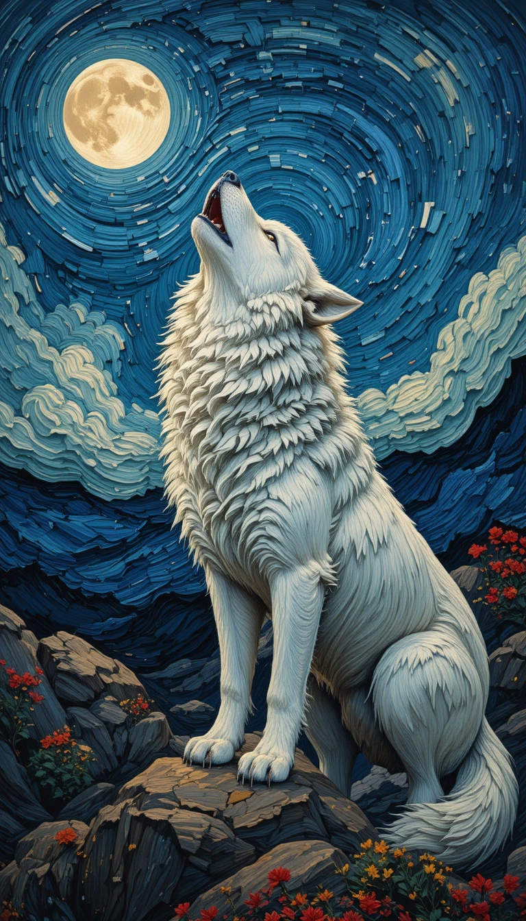 Weißer Wolf heult unter einem wirbelnden mondbeschienenen Himmel