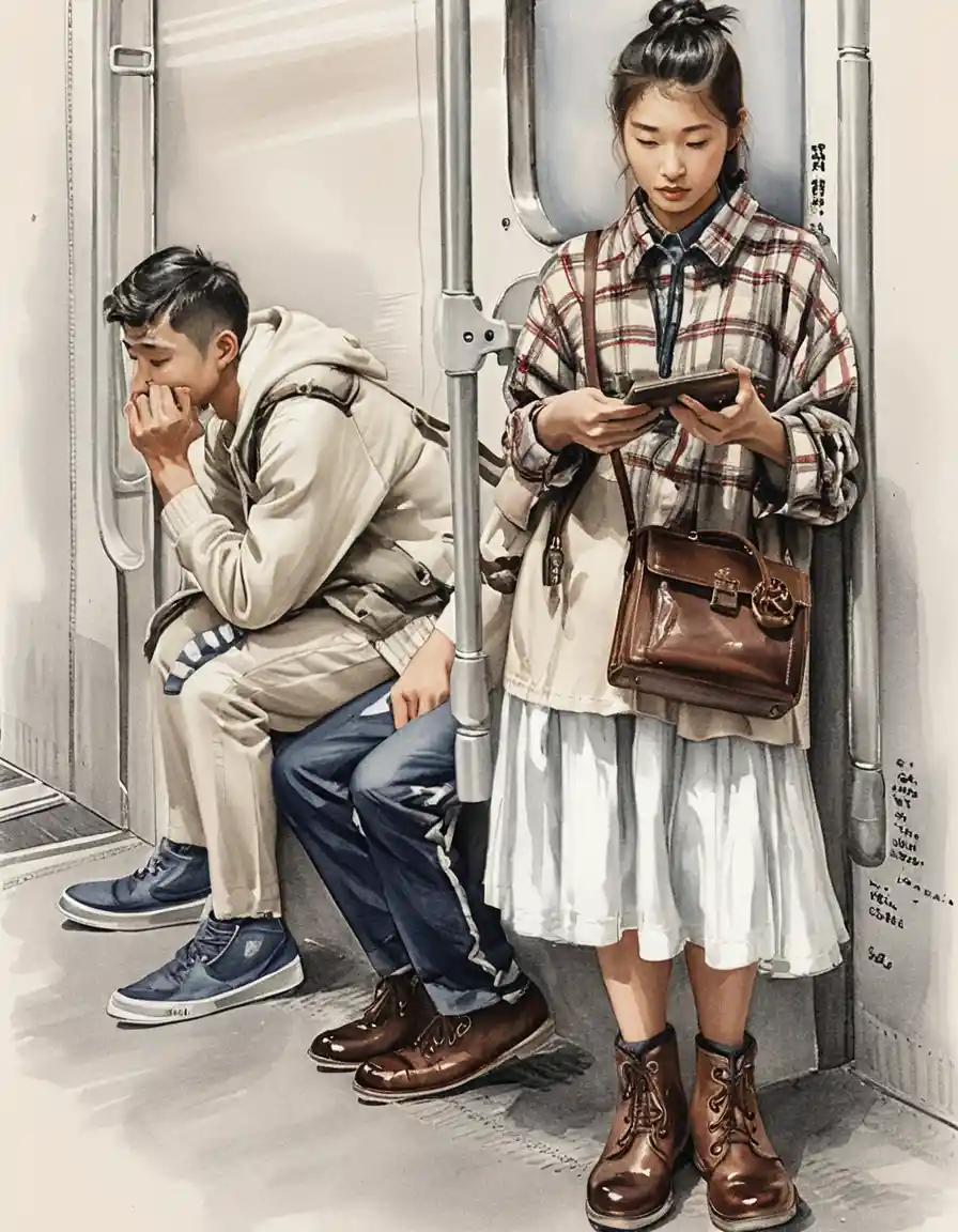 Young asian friends in a quiet subway carriage