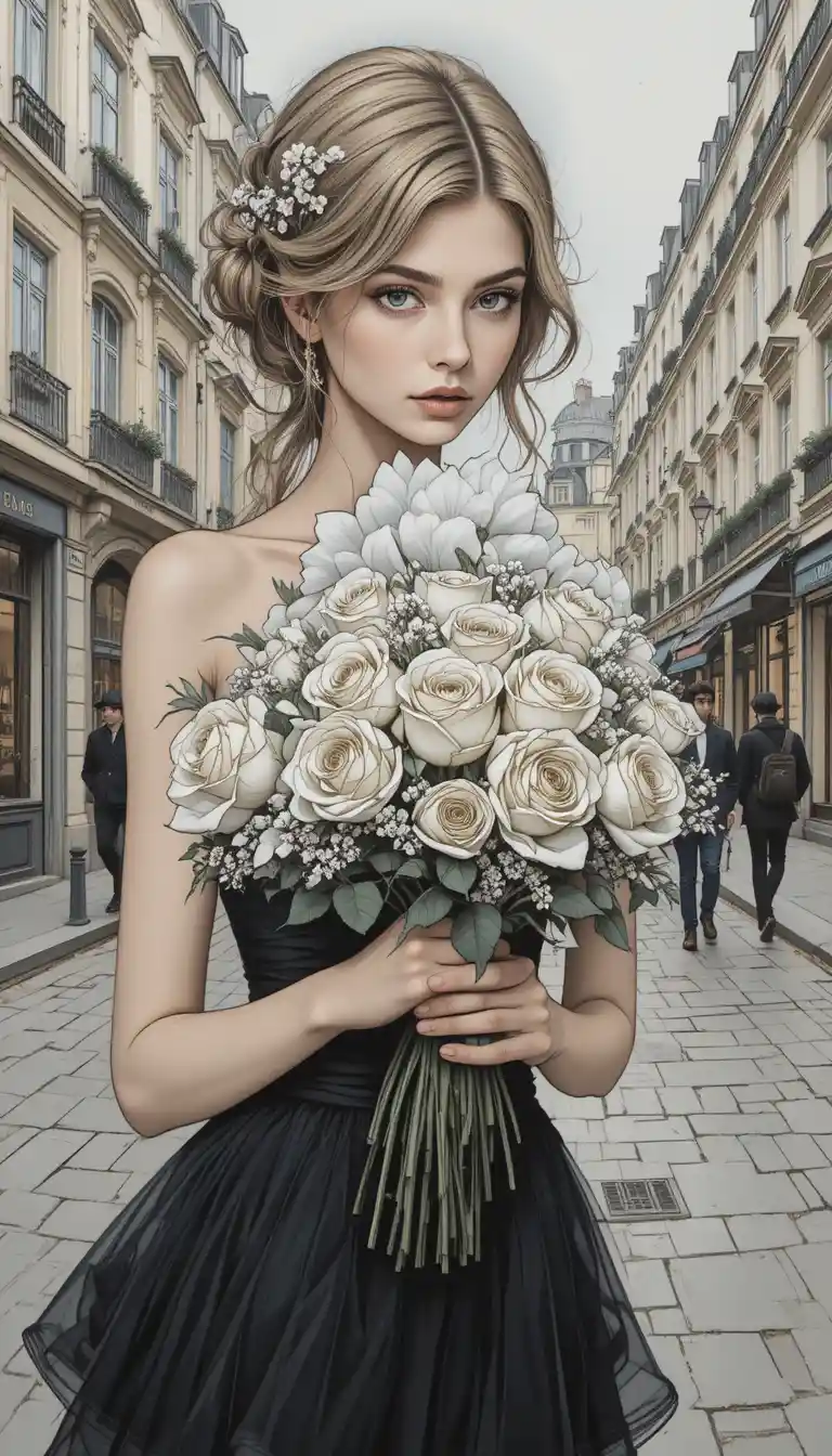 Donna fashion surreale in una strada di Parigi con rose bianche
