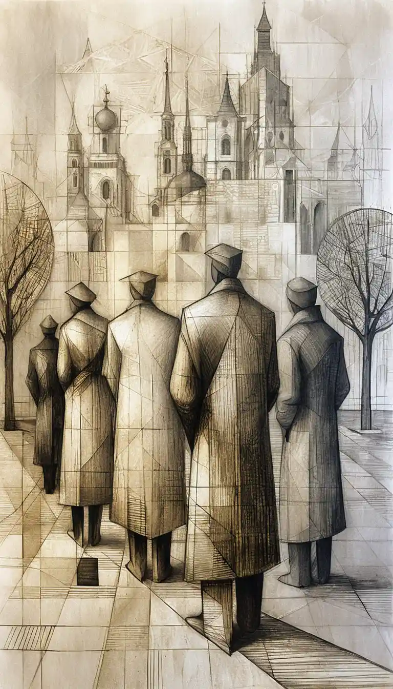 Cubist graphite crowd before a geometric urban skyline