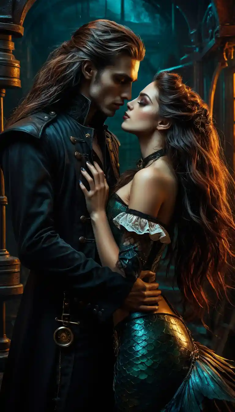 Romantic kiss between man and mermaid in dark steampunk waters