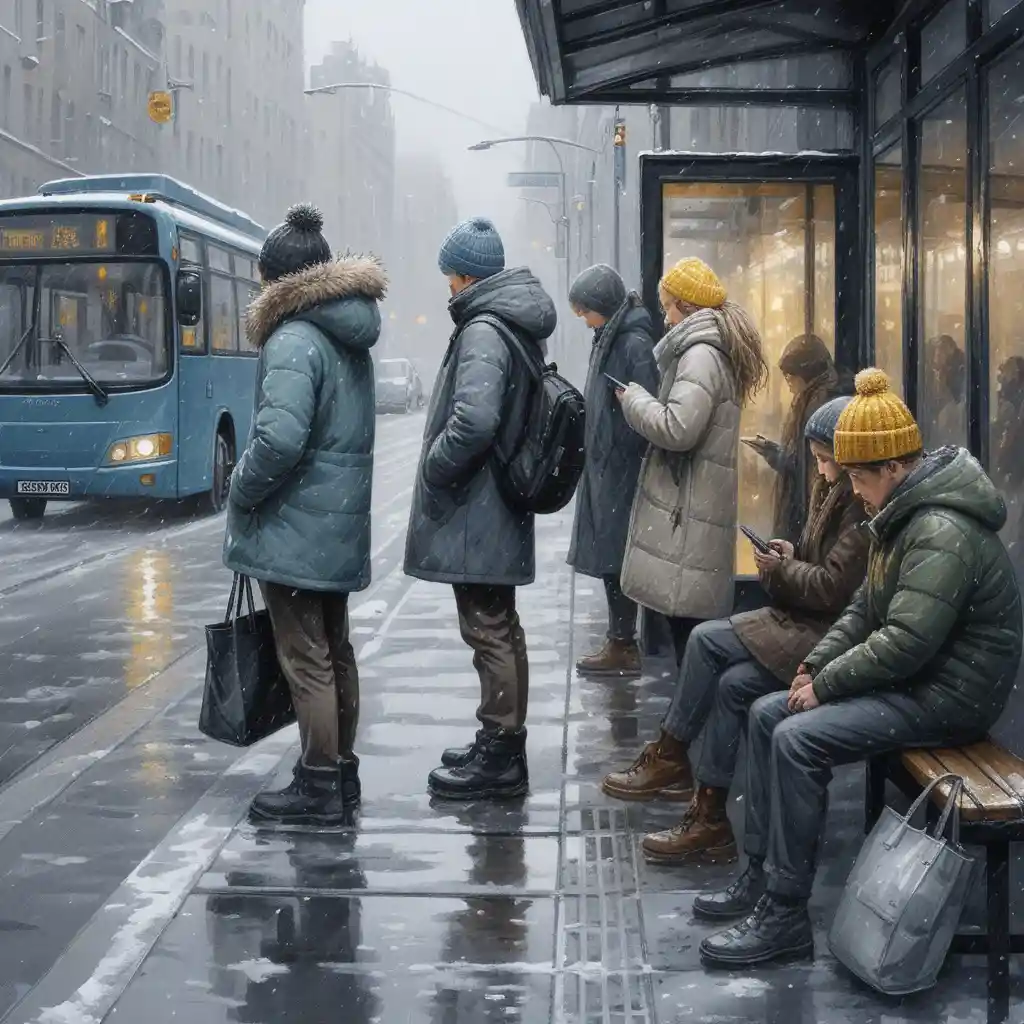 People waiting at a snowy city bus stop in winter