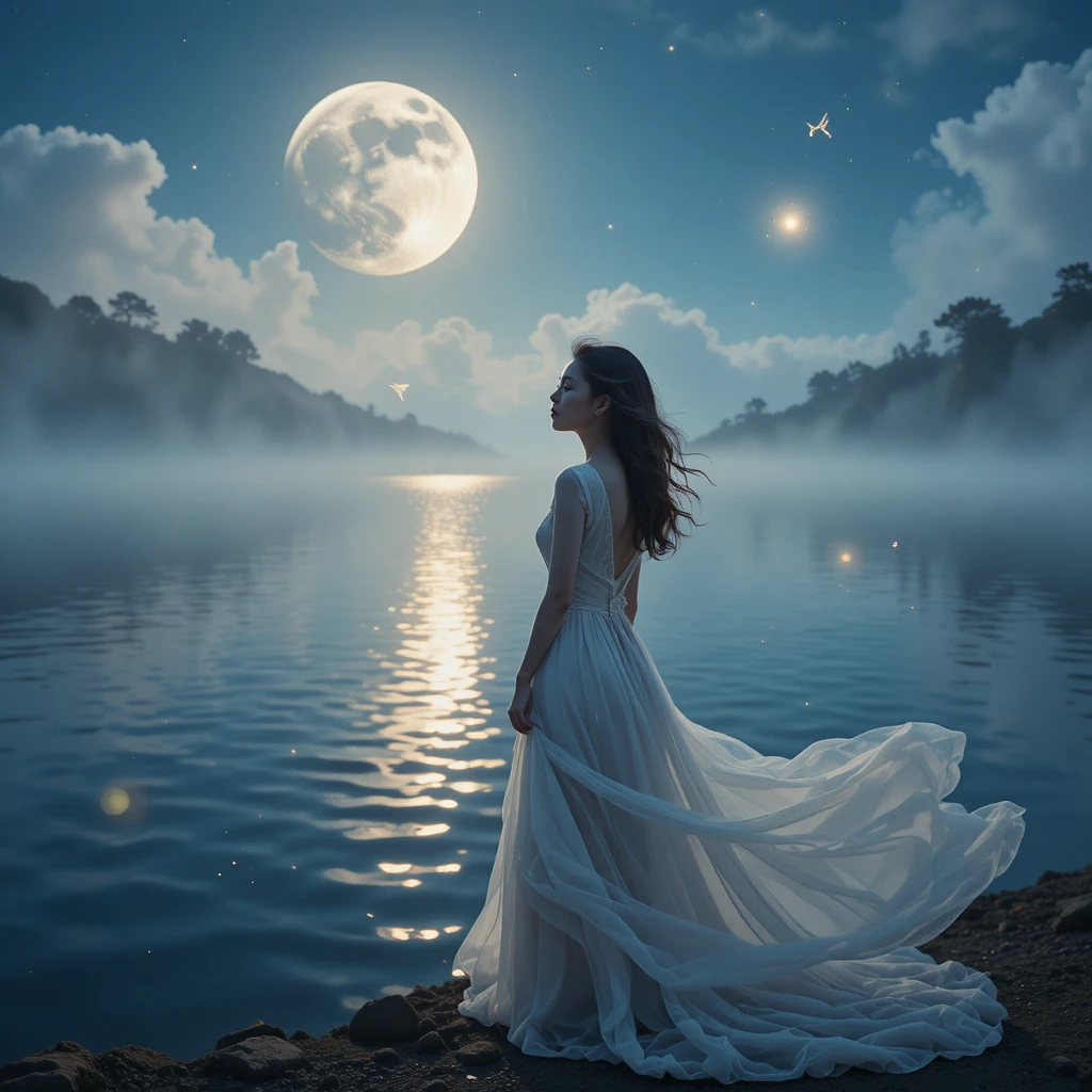 Jeune femme en blanc au bord d’un lac paisible au clair de lune