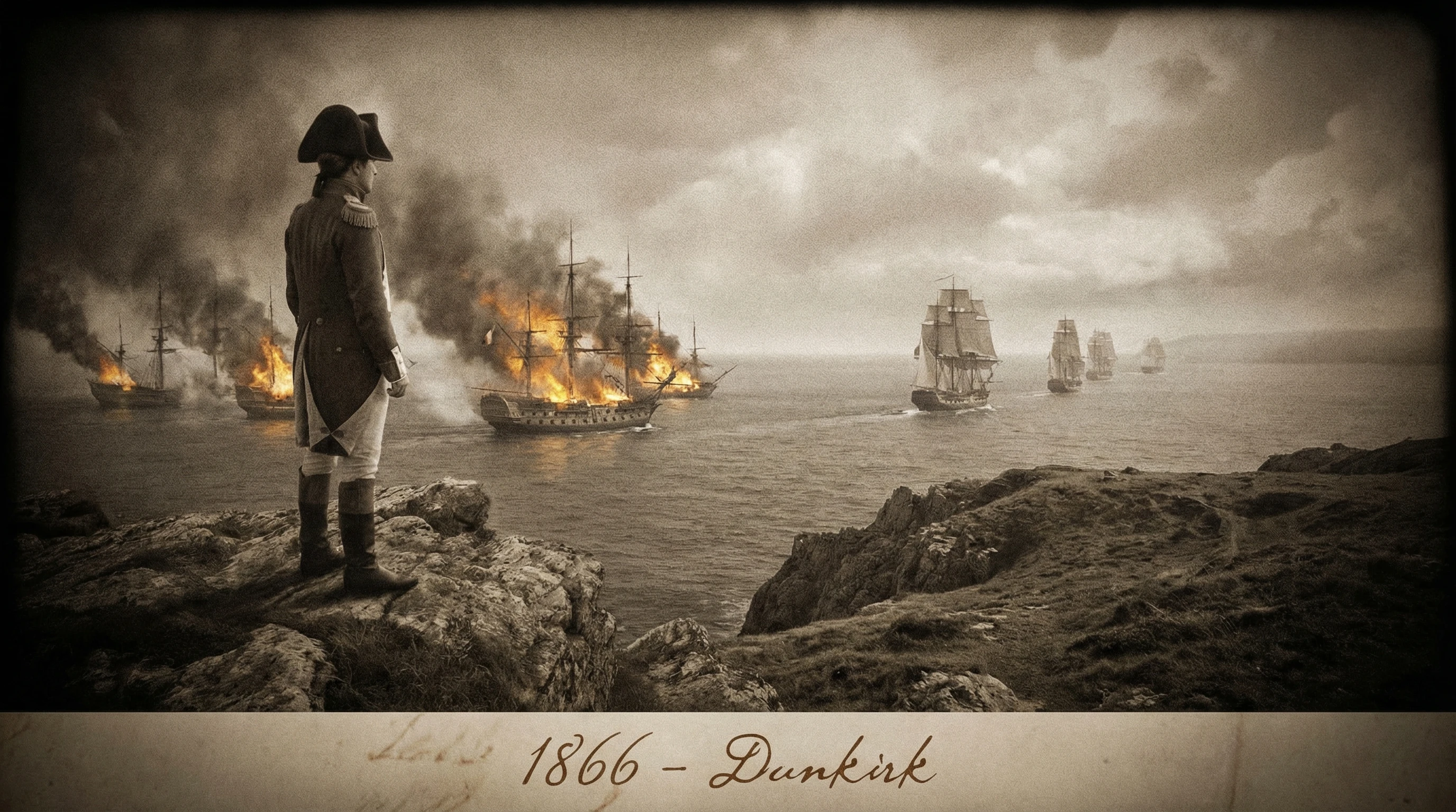 French commander on a cliff watching a burning wartime fleet