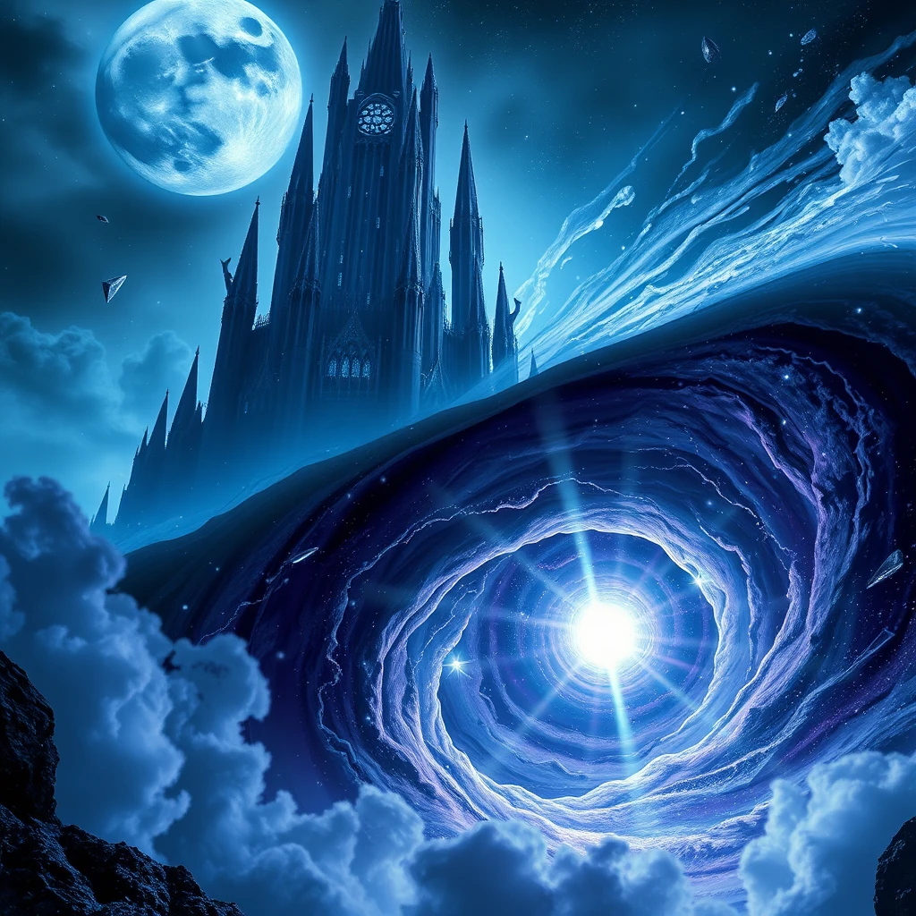 Colosal Castillo de Cristal Fantástico Sobre un Remolino de Galaxia Giratoria